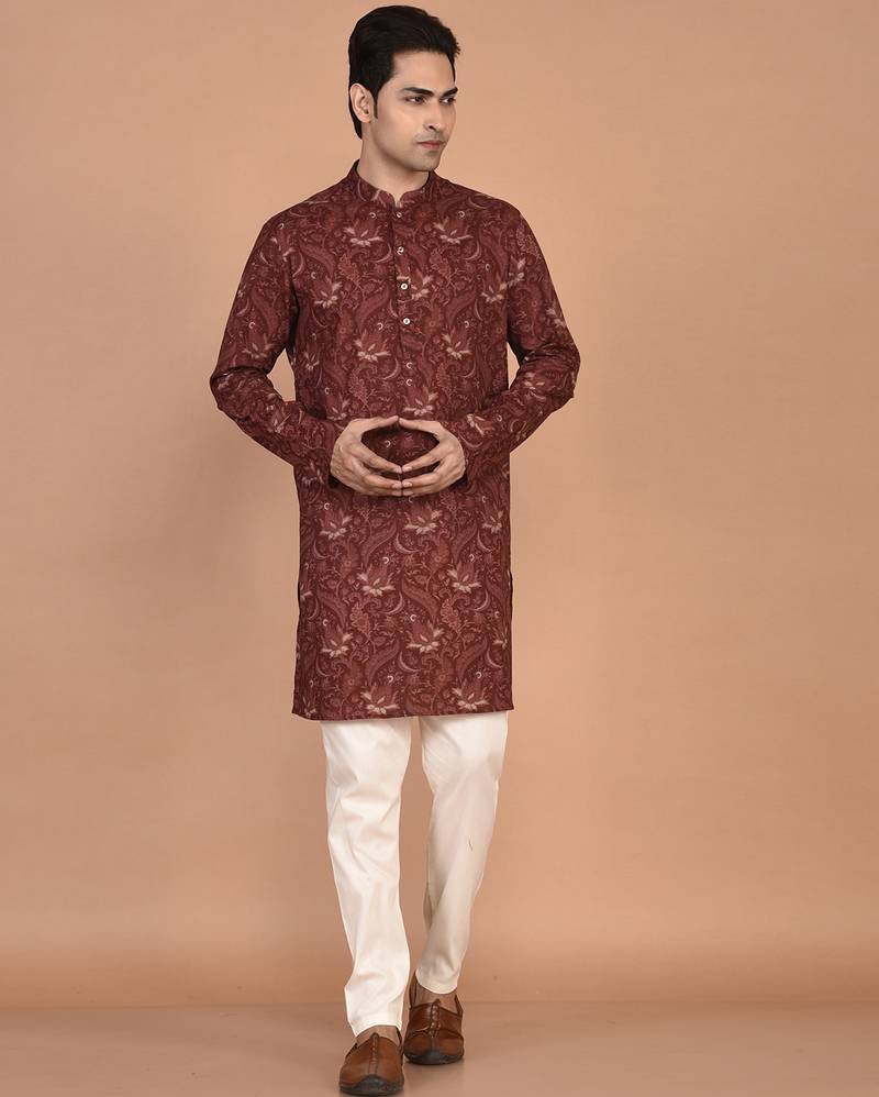 Men's floral printed cotton straight  kurta