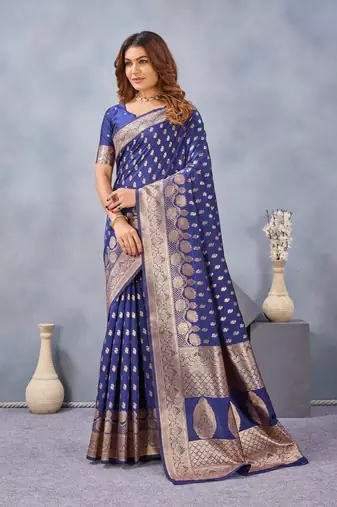 Blue silk blend banarasi saree with unstitched blouse piece