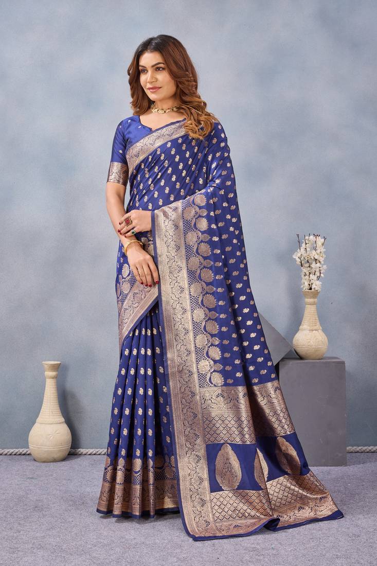 Blue silk blend banarasi saree with unstitched blouse piece