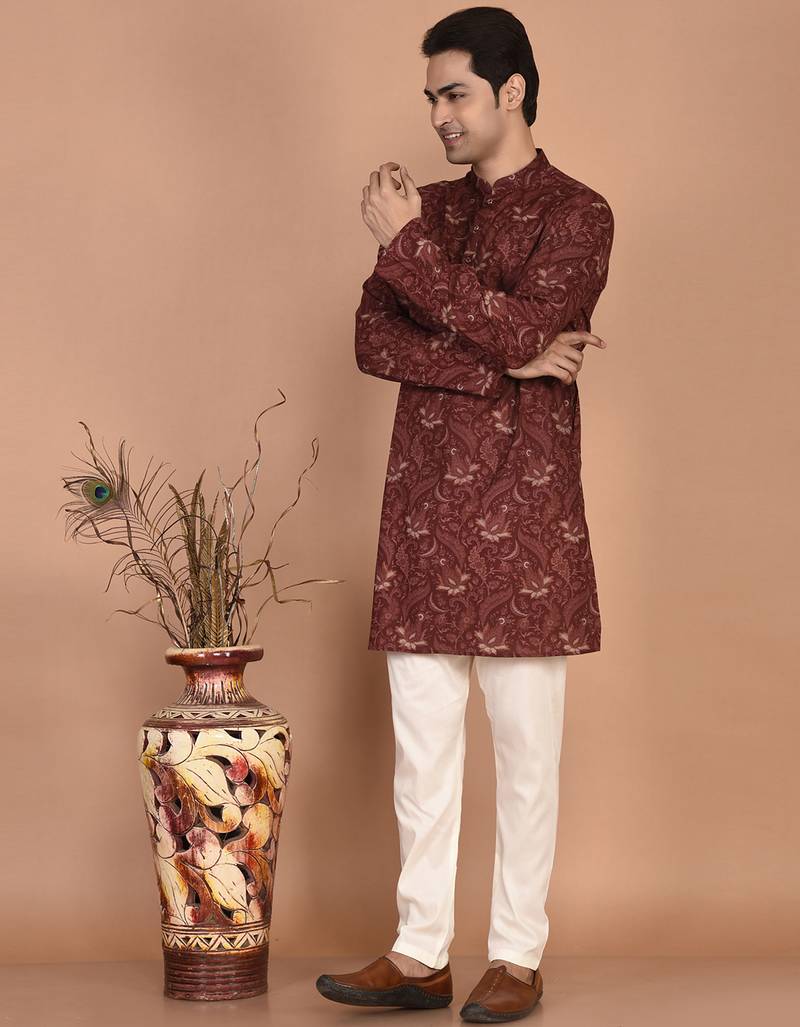 Men's floral printed cotton straight  kurta