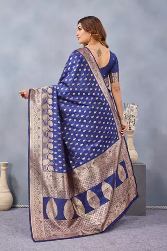 Blue silk blend banarasi saree with unstitched blouse piece