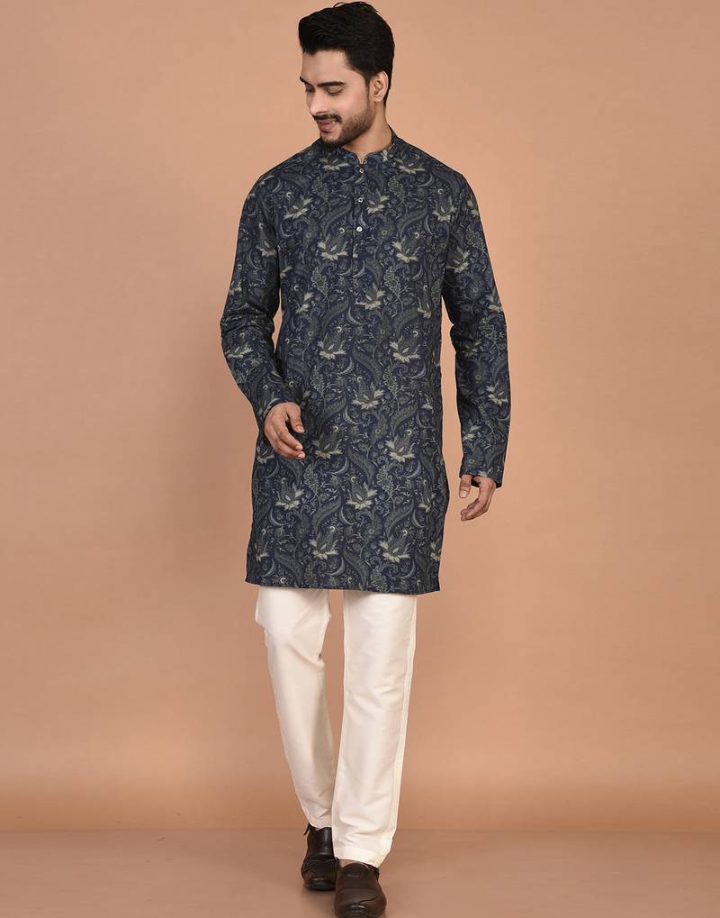 Men's floral printed cotton straight  kurta