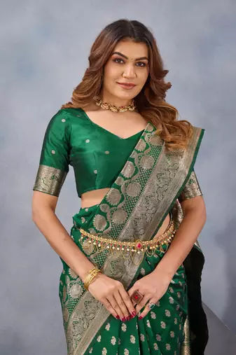Green soft silk blend banarasi jacuard work designer party wear saree with unstitched blouse piece