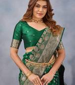 Green silk blend banarasi saree with unstitched blouse piece