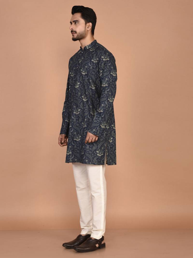 Men's floral printed cotton straight  kurta