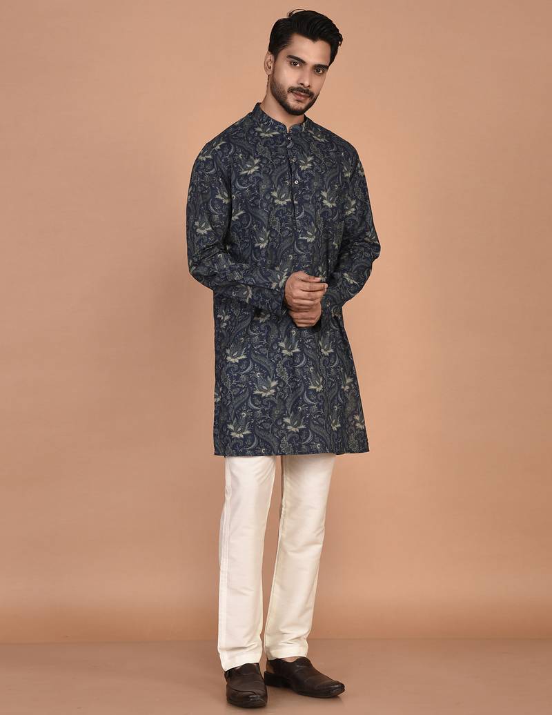 Men's floral printed cotton straight  kurta