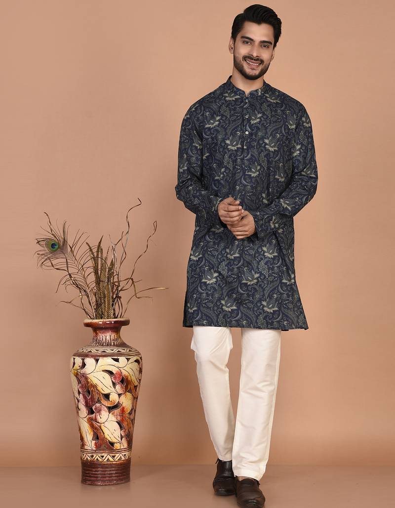 Men's floral printed cotton straight  kurta