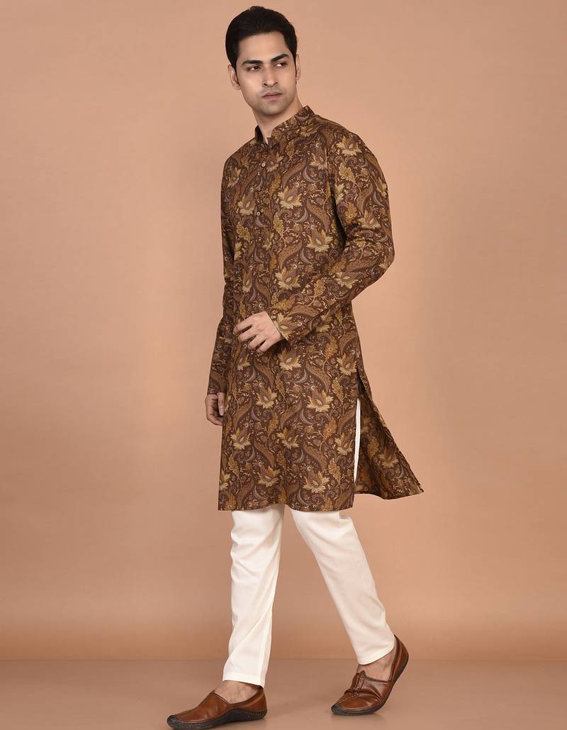 Men's floral printed cotton straight  kurta