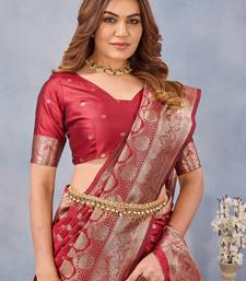 Red silk blend banarasi saree with unstitched blouse piece