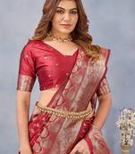 Red silk blend banarasi saree with unstitched blouse piece