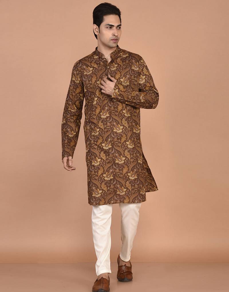 Men's floral printed cotton straight  kurta