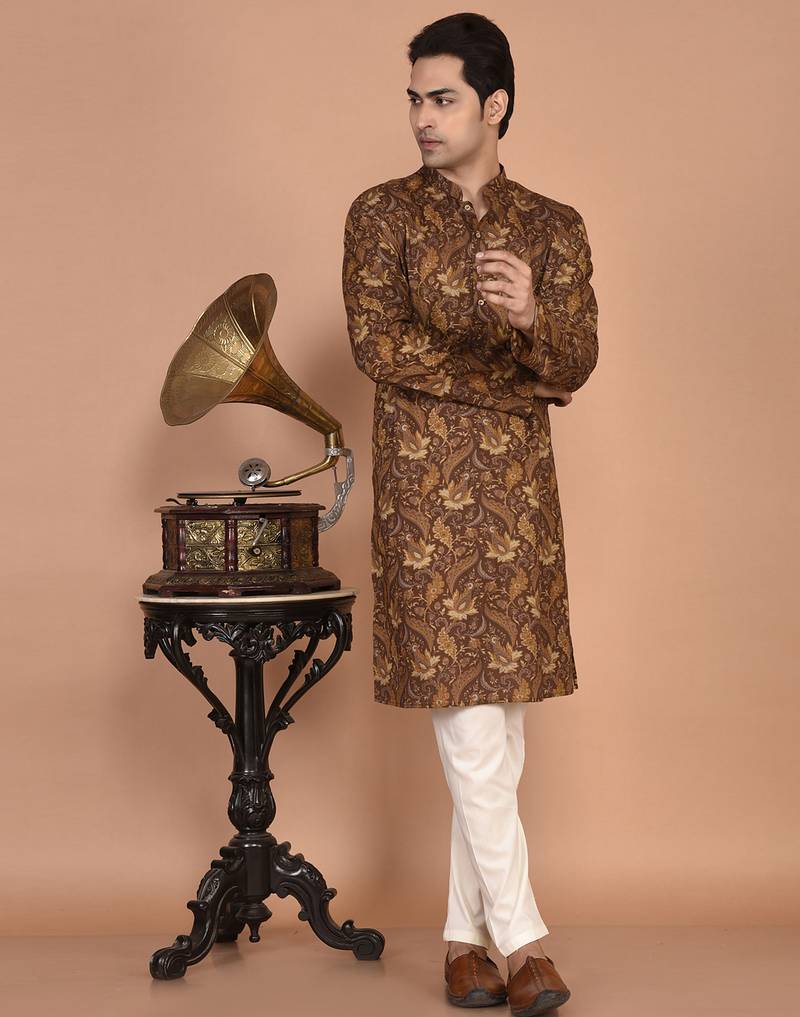 Men's floral printed cotton straight  kurta