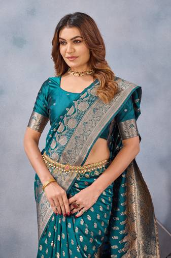 Turquoise soft silk blend banarasi jacuard work designer party wear saree with unstitched blouse piece