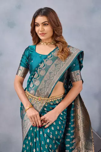 Turquoise silk blend banarasi saree with unstitched blouse piece