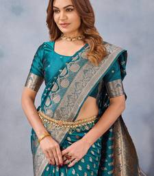 Turquoise silk blend banarasi saree with unstitched blouse piece