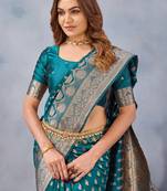 Turquoise silk blend banarasi saree with unstitched blouse piece
