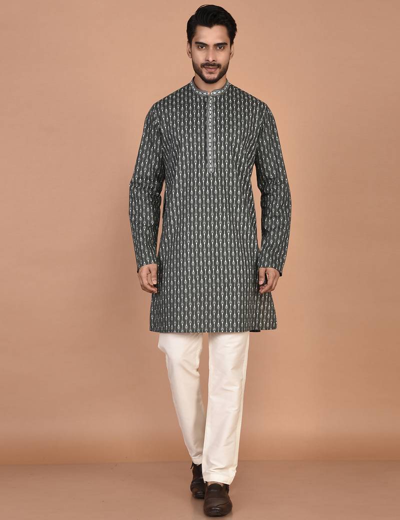 Men's geometric printed cotton straight kurta