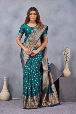 Turquoise silk blend banarasi saree with unstitched blouse piece 2