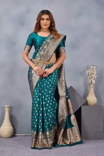 Turquoise silk blend banarasi saree with unstitched blouse piece