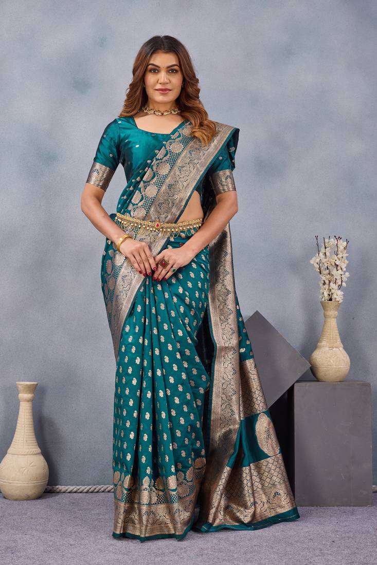 Turquoise silk blend banarasi saree with unstitched blouse piece