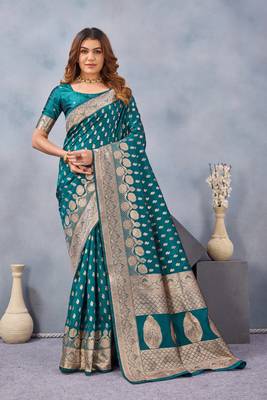 Turquoise silk blend banarasi saree with unstitched blouse piece 3