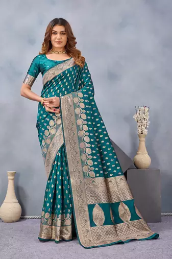 Turquoise silk blend banarasi saree with unstitched blouse piece