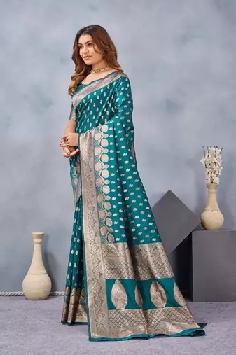 Turquoise silk blend banarasi saree with unstitched blouse piece