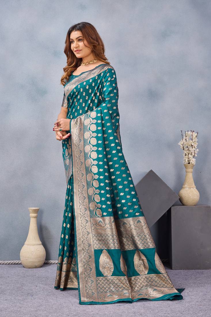 Turquoise silk blend banarasi saree with unstitched blouse piece