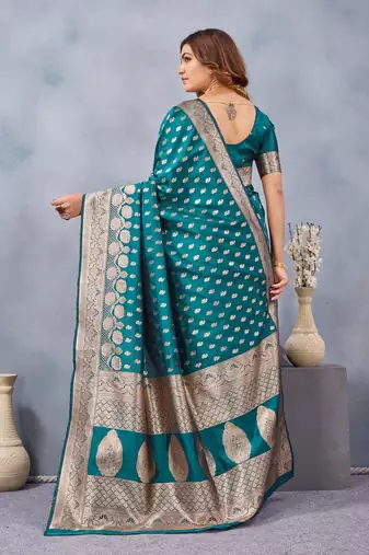 Turquoise silk blend banarasi saree with unstitched blouse piece