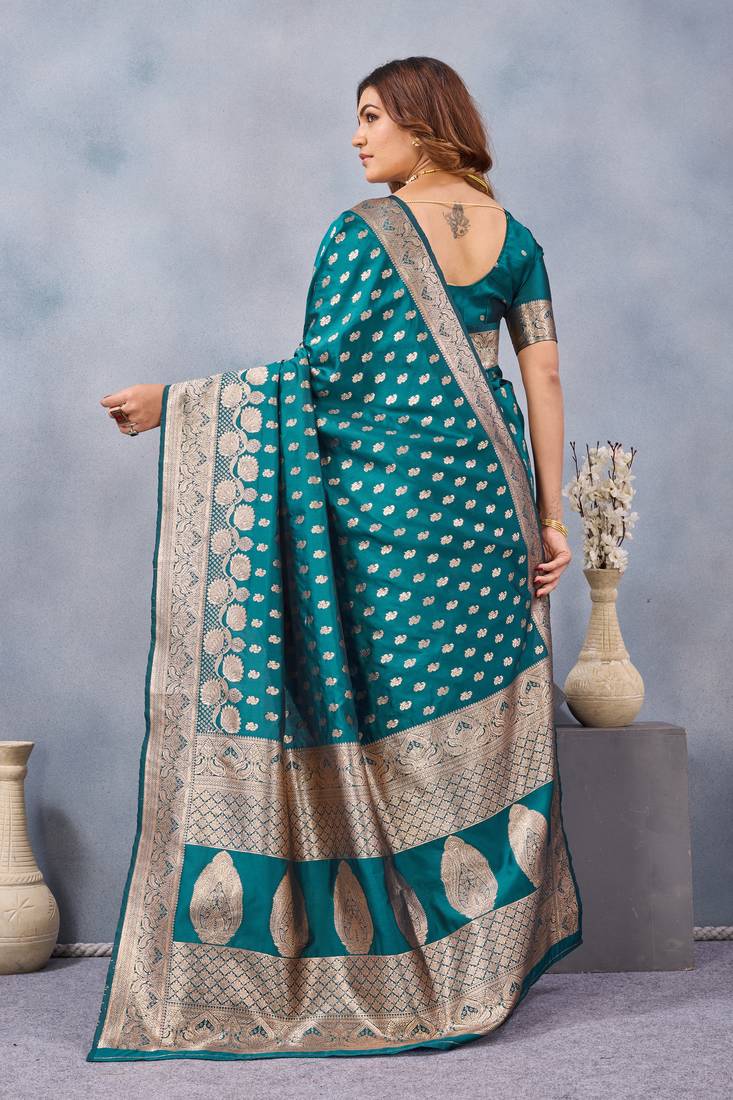 Turquoise silk blend banarasi saree with unstitched blouse piece