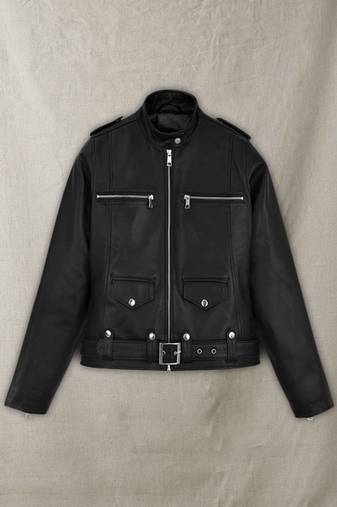 women's black lambskin cafe racer jacket adjustable belted waist