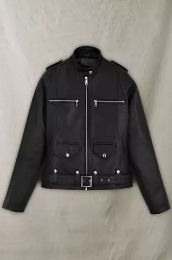 women's black lambskin cafe racer jacket adjustable belted waist