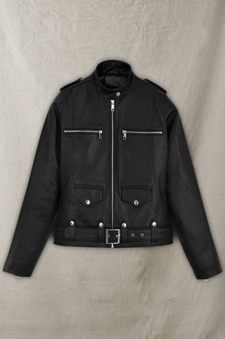 women's black lambskin cafe racer jacket adjustable belted waist