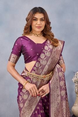 Wine silk blend banarasi saree with unstitched blouse piece 1
