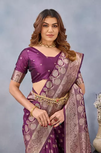 Wine silk blend banarasi saree with unstitched blouse piece