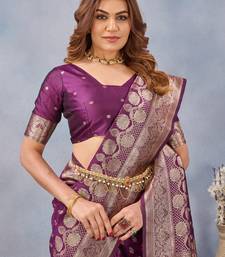 Wine silk blend banarasi saree with unstitched blouse piece