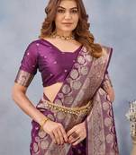 Wine silk blend banarasi saree with unstitched blouse piece