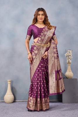 Wine silk blend banarasi saree with unstitched blouse piece 2