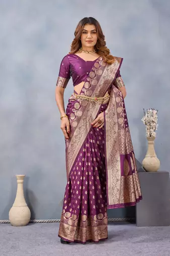 Wine silk blend banarasi saree with unstitched blouse piece