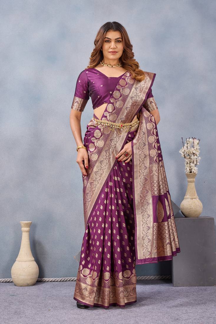 Wine silk blend banarasi saree with unstitched blouse piece