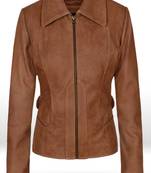 Women’s brown lambskin leather jacket zipper detail & waist belt stylish