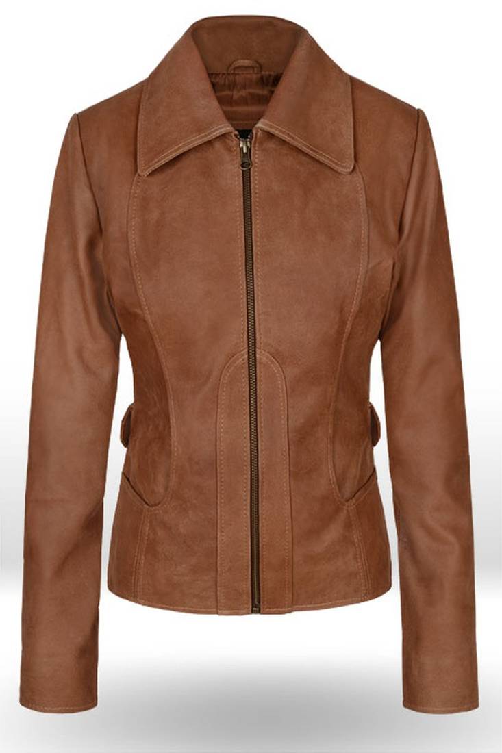 Women’s brown lambskin leather jacket zipper detail & waist belt stylish