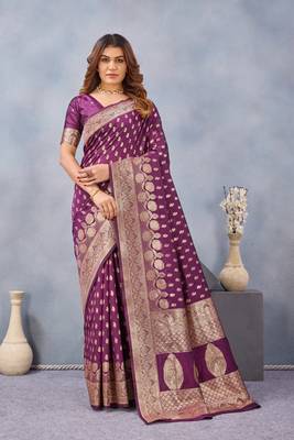 Wine silk blend banarasi saree with unstitched blouse piece 3