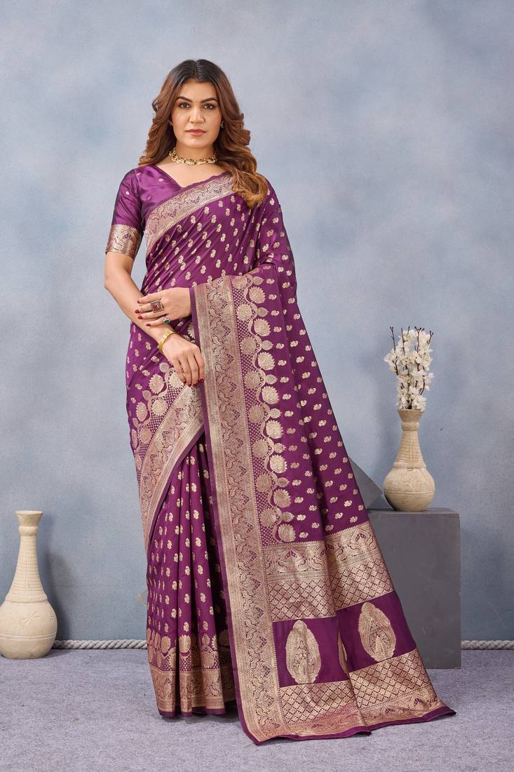 Wine silk blend banarasi saree with unstitched blouse piece