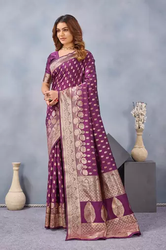 Wine silk blend banarasi saree with unstitched blouse piece