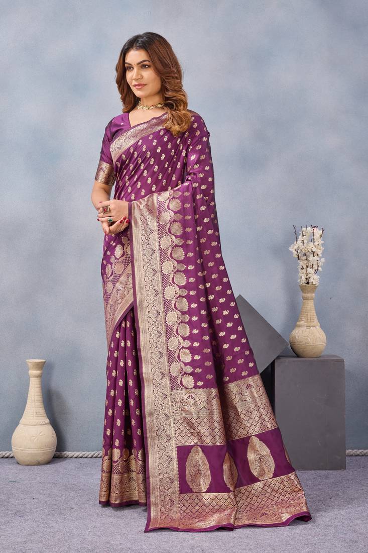 Wine silk blend banarasi saree with unstitched blouse piece