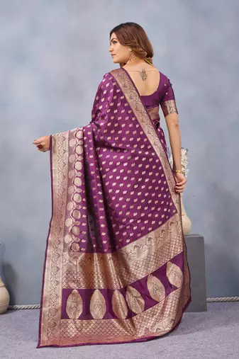 Wine silk blend banarasi saree with unstitched blouse piece