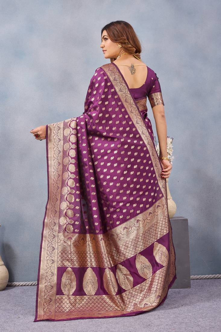 Wine silk blend banarasi saree with unstitched blouse piece
