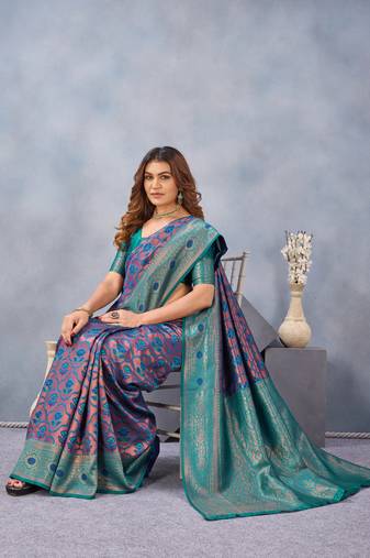 Turquoise soft silk blend banarasi jacuard work designer party wear saree with unstitched blouse piece