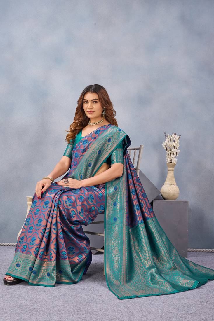 Turquoise soft silk blend banarasi jacuard work designer party wear saree with unstitched blouse piece